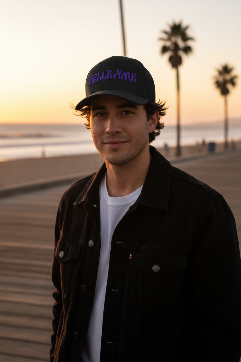 Belle Âme Black Trucker Hat - Guy on CA Boardwalk