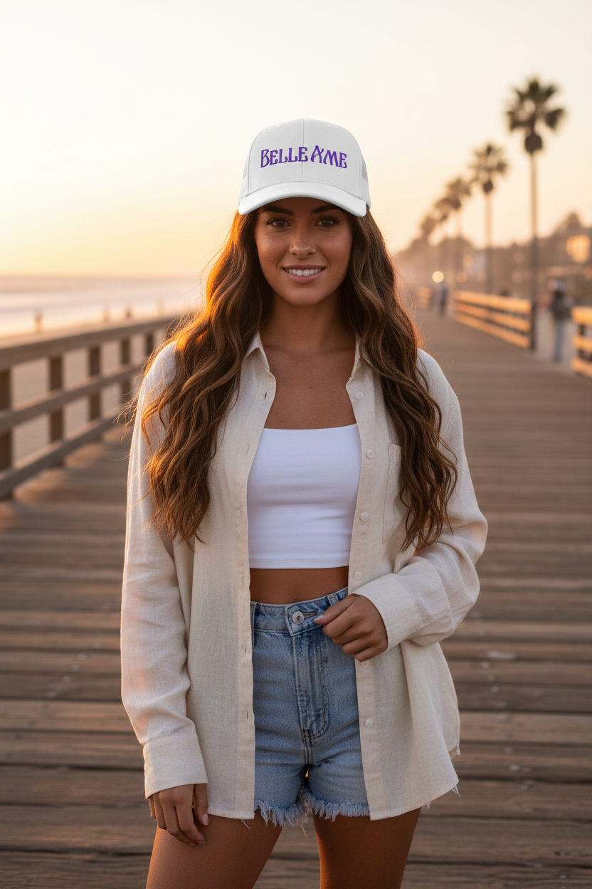 Belle Âme White Trucker Hat - Girl on CA Boardwalk