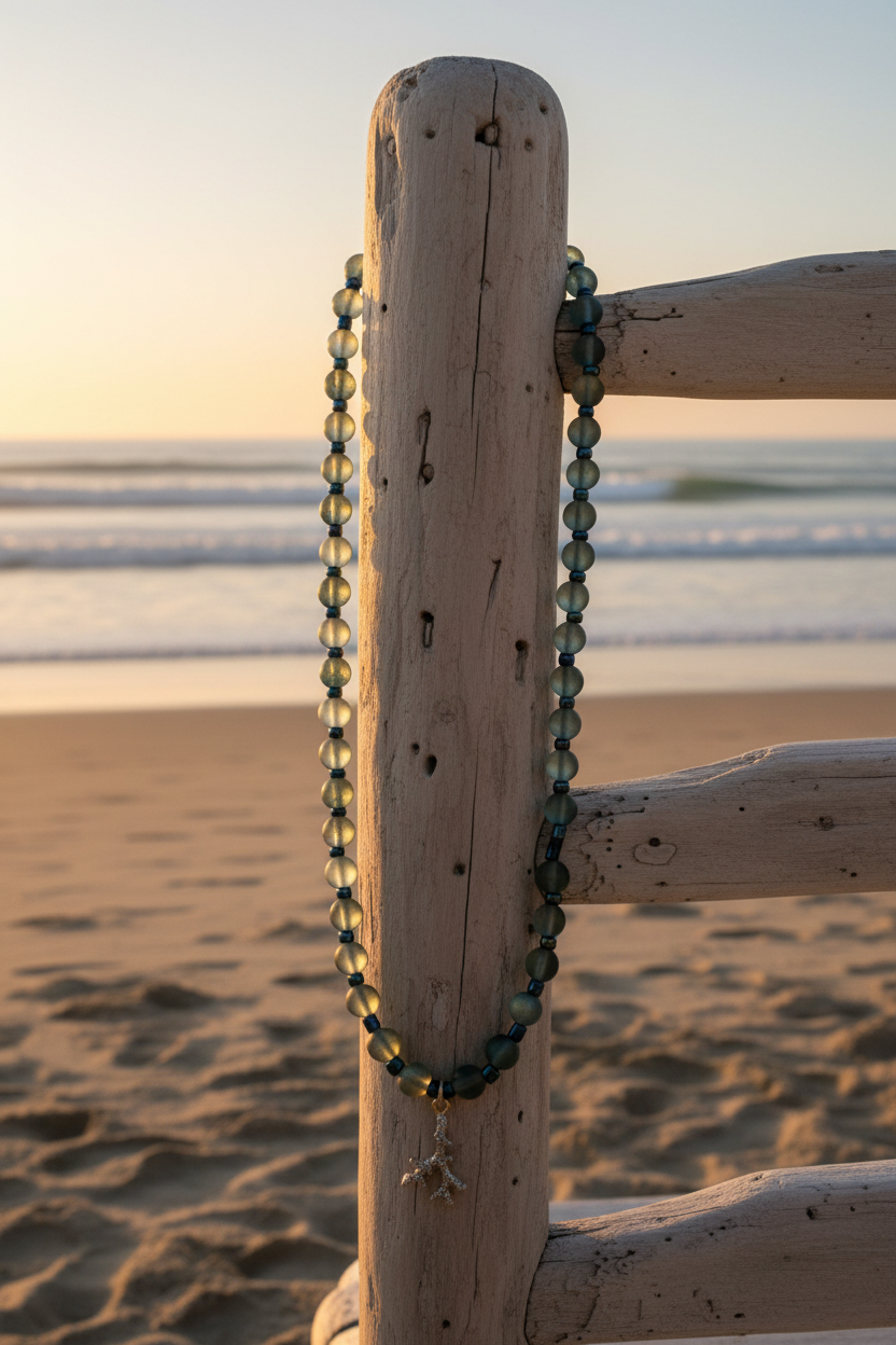 Necklace hanging on driftwood chair