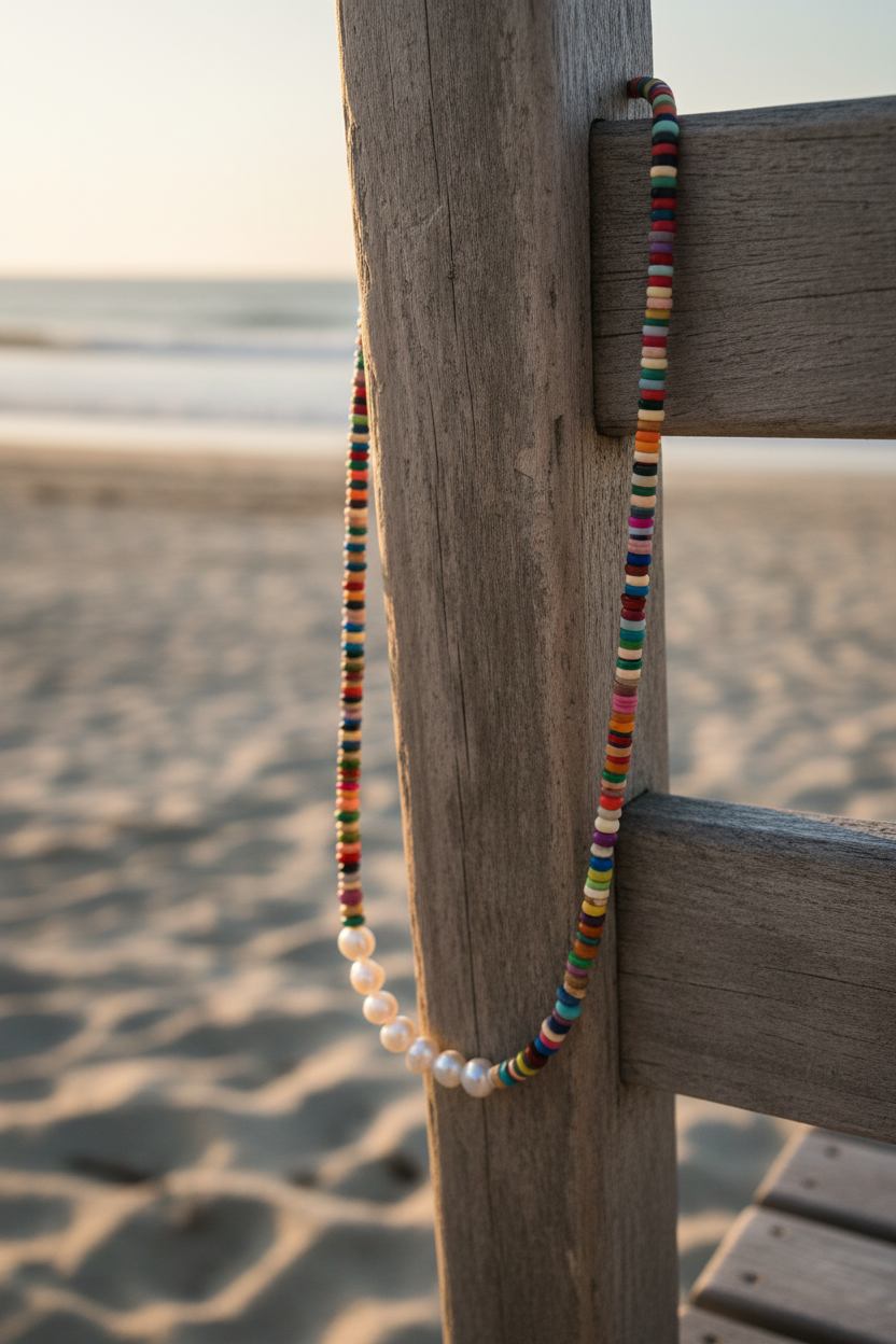 Necklace on driftwood chair