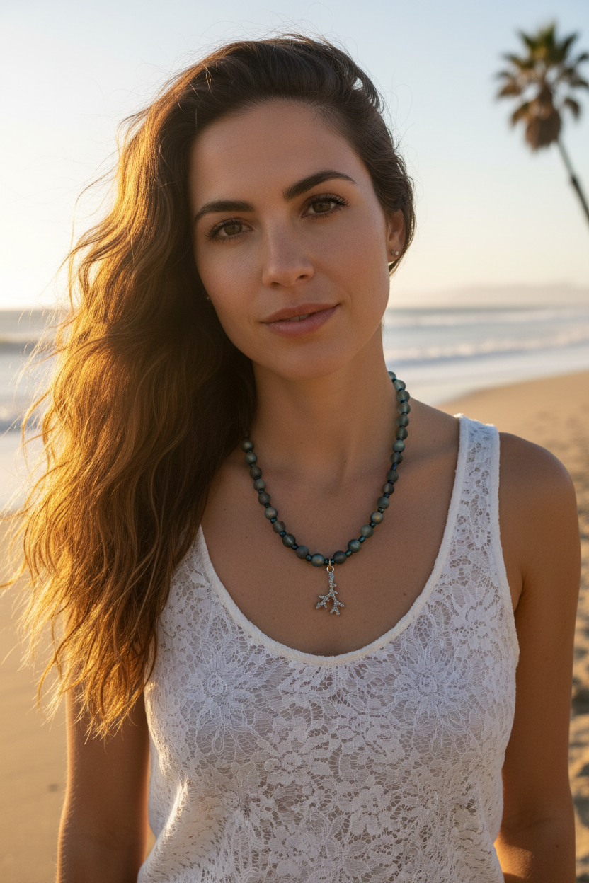 Woman wearing necklace on California beach